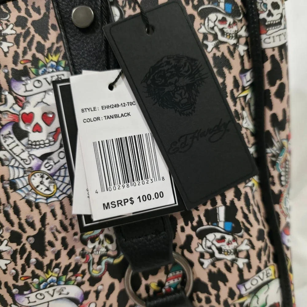 Ed Hardy Leopard Tattoo Print Satchel Handbag with Skull Hardware